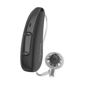A black signia brand hearing aid.