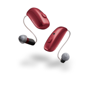 Two red ReSound Vivia brand hearing aids that look like they're floating.