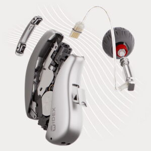 A Widex hearing aid with the case off that shows the inside of the device.