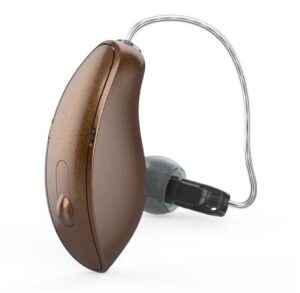 A bronze-colored Starkey hearing aid.